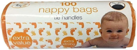 TidyZ 2 Pack of 100 Nappy Bags - Thick, Strong On A Roll with Tie Handles